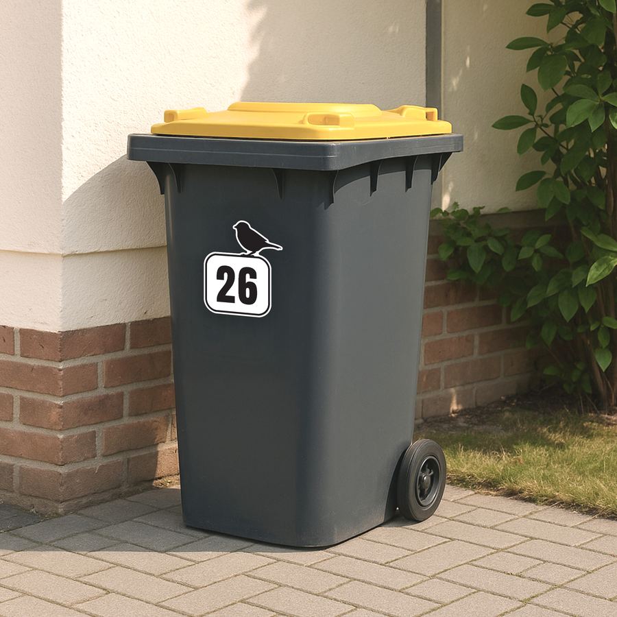 Wheelie bin with a house number sticker