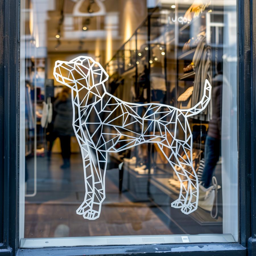 Geometric dog motif cut into window film on a shop window